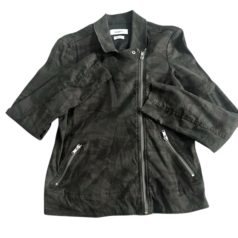 Level 99 Anthropologie Midnight Camo Moto Linen Blend Jacket Womens‎ Small